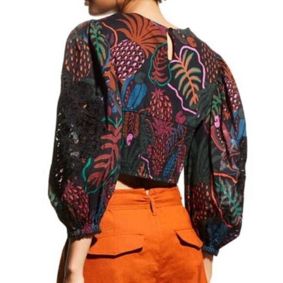 Farm Rio Frutis Dream Puff-Sleeve Blouse size XS Black - Picture 3 of 11